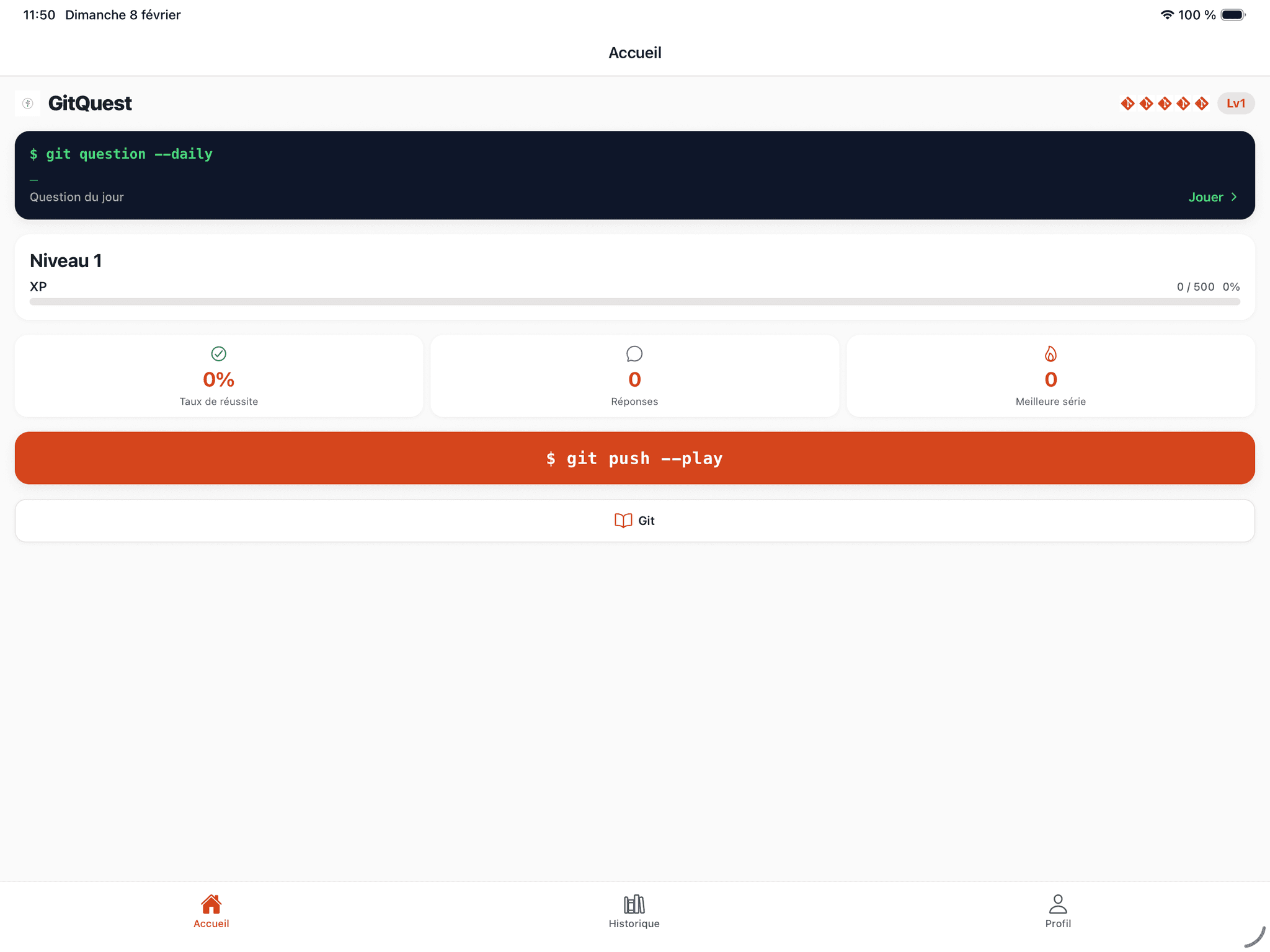 Tableau de bord GitQuest sur iPad avec progression et statistiques