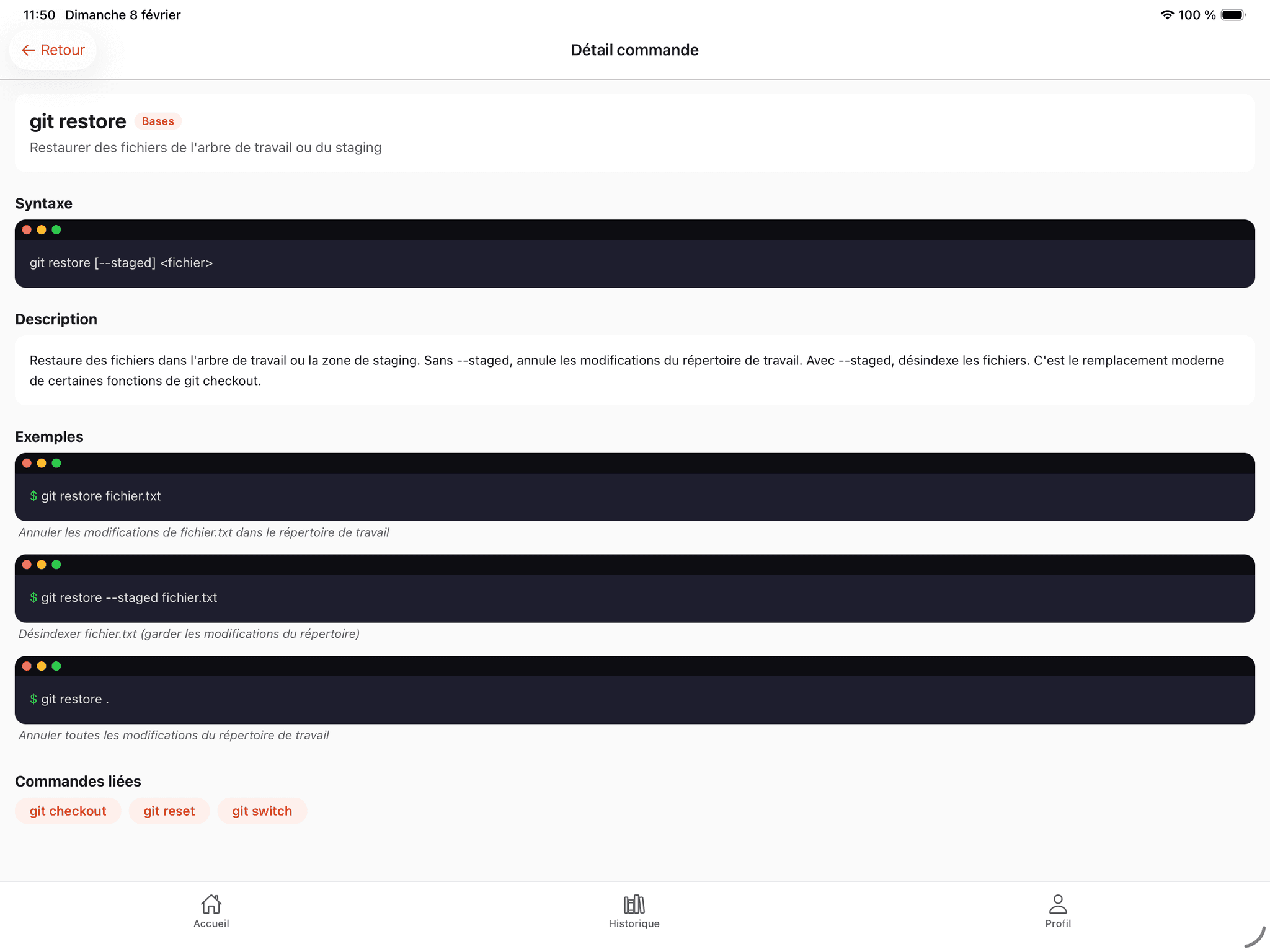 Detail commande Git sur iPad avec exemples