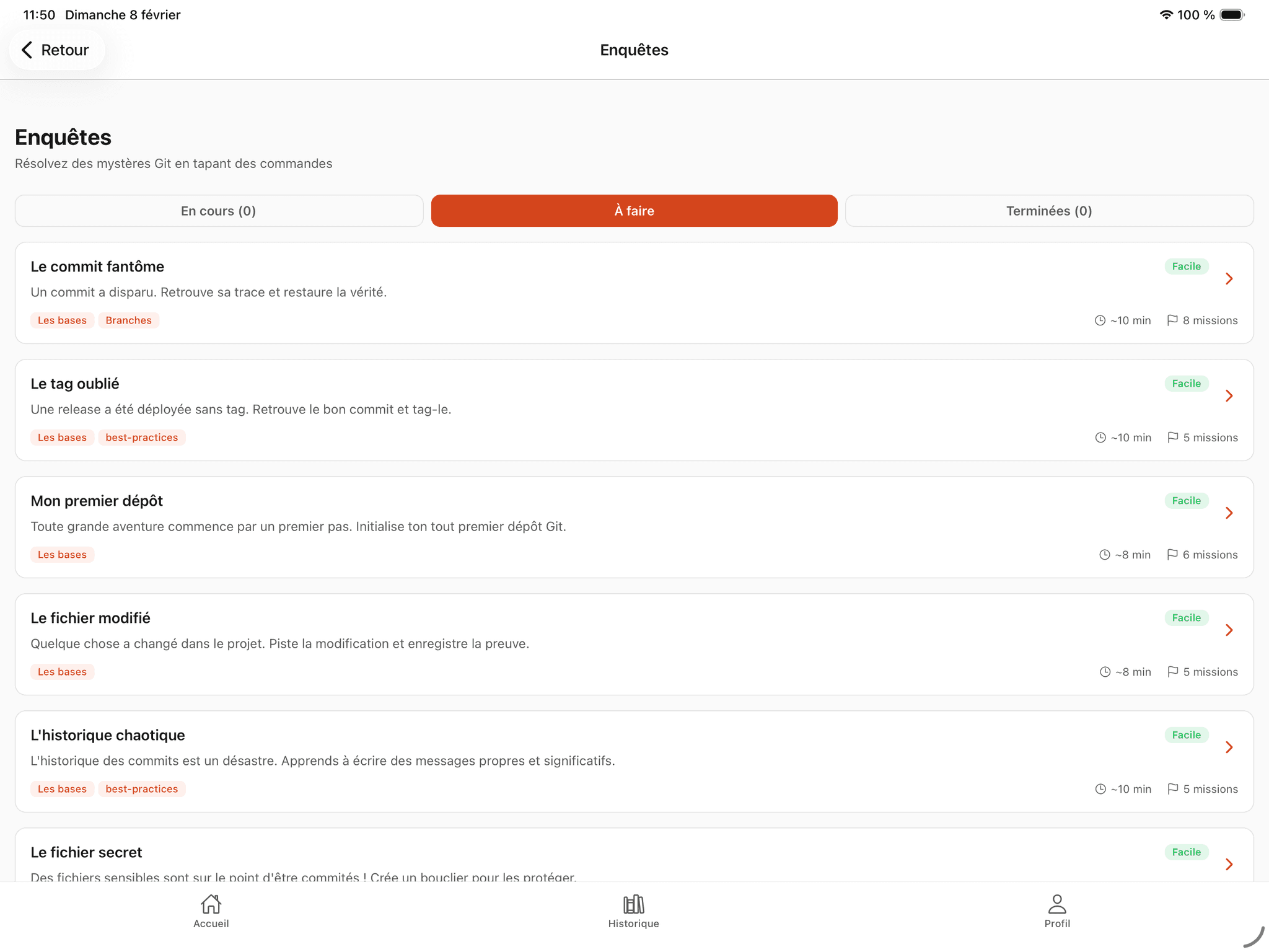 Vue tablette des enquetes GitQuest avec details des missions