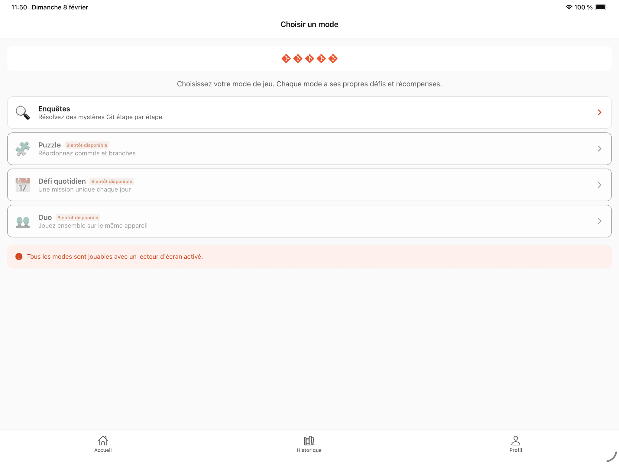 Choix du mode de jeu sur iPad avec enquetes, puzzle et defis