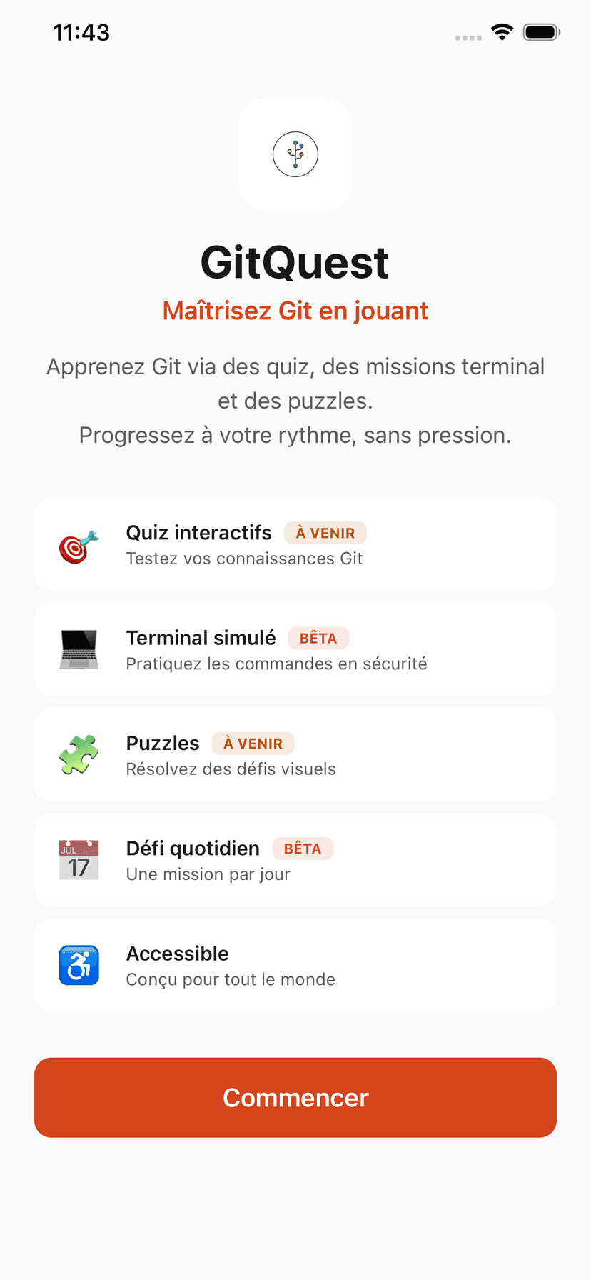 Écran d'accueil GitQuest sur iPhone montrant les fonctionnalités principales