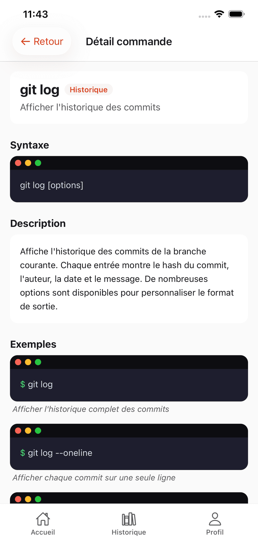 Detail d'une commande Git avec syntaxe et exemples