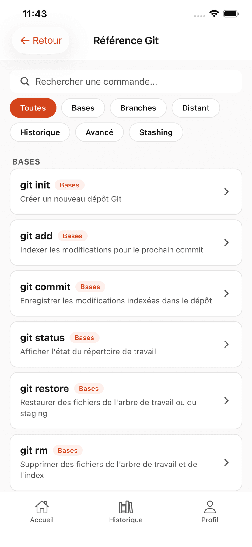 Reference Git integree dans GitQuest avec toutes les commandes