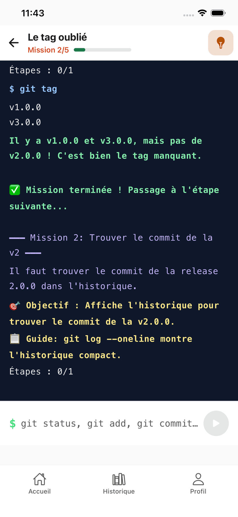 Terminal simulé GitQuest sur iPhone avec une mission Git en cours