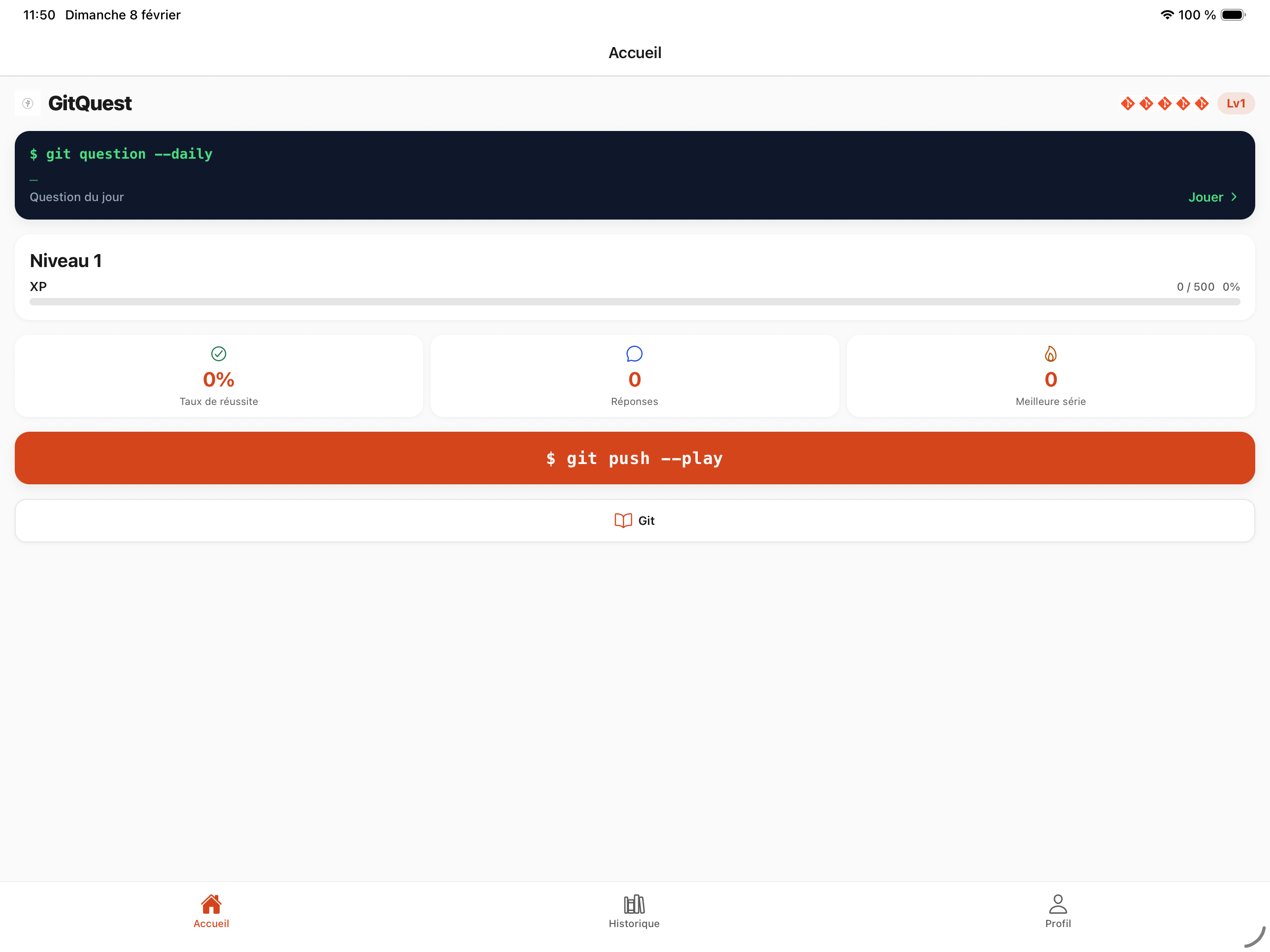 Tableau de bord GitQuest sur iPad avec progression et statistiques