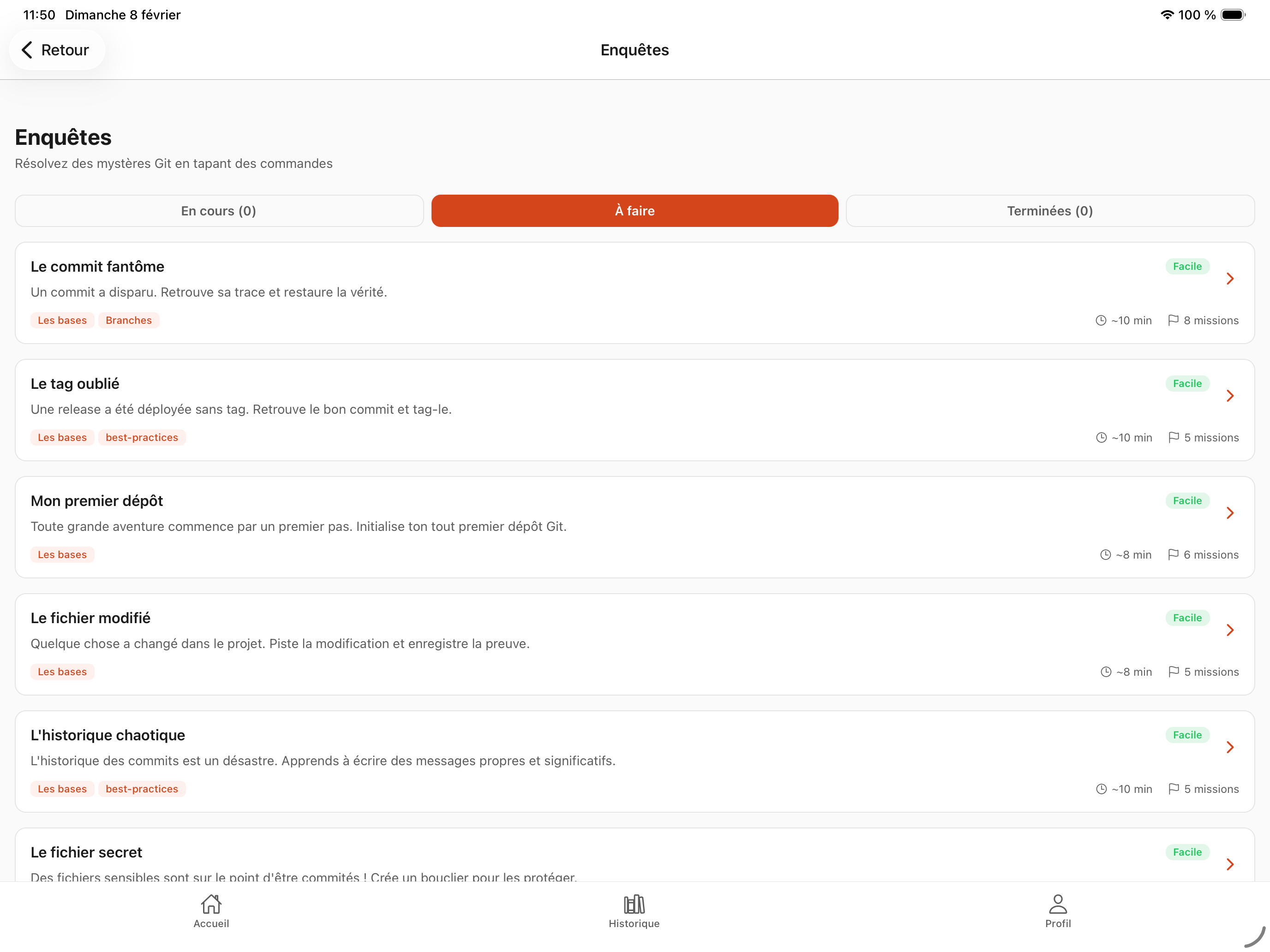 Vue tablette des enquetes GitQuest avec details des missions