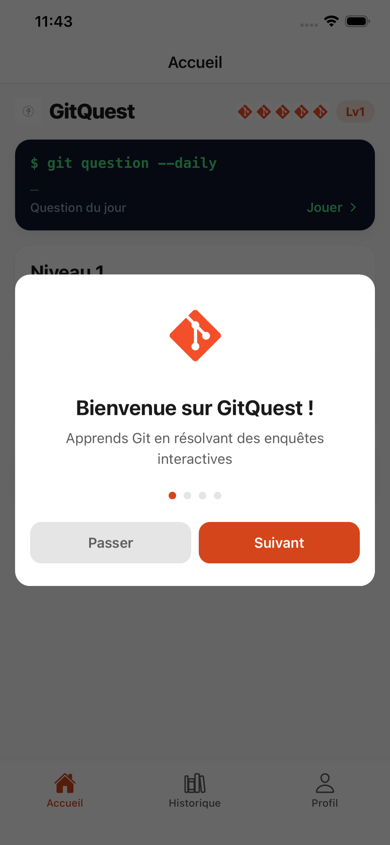 Ecran de bienvenue et onboarding GitQuest