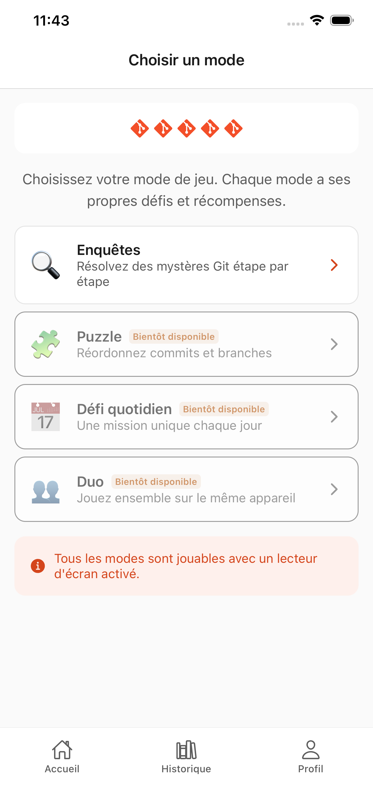 Modes de jeu GitQuest dont le defi quotidien