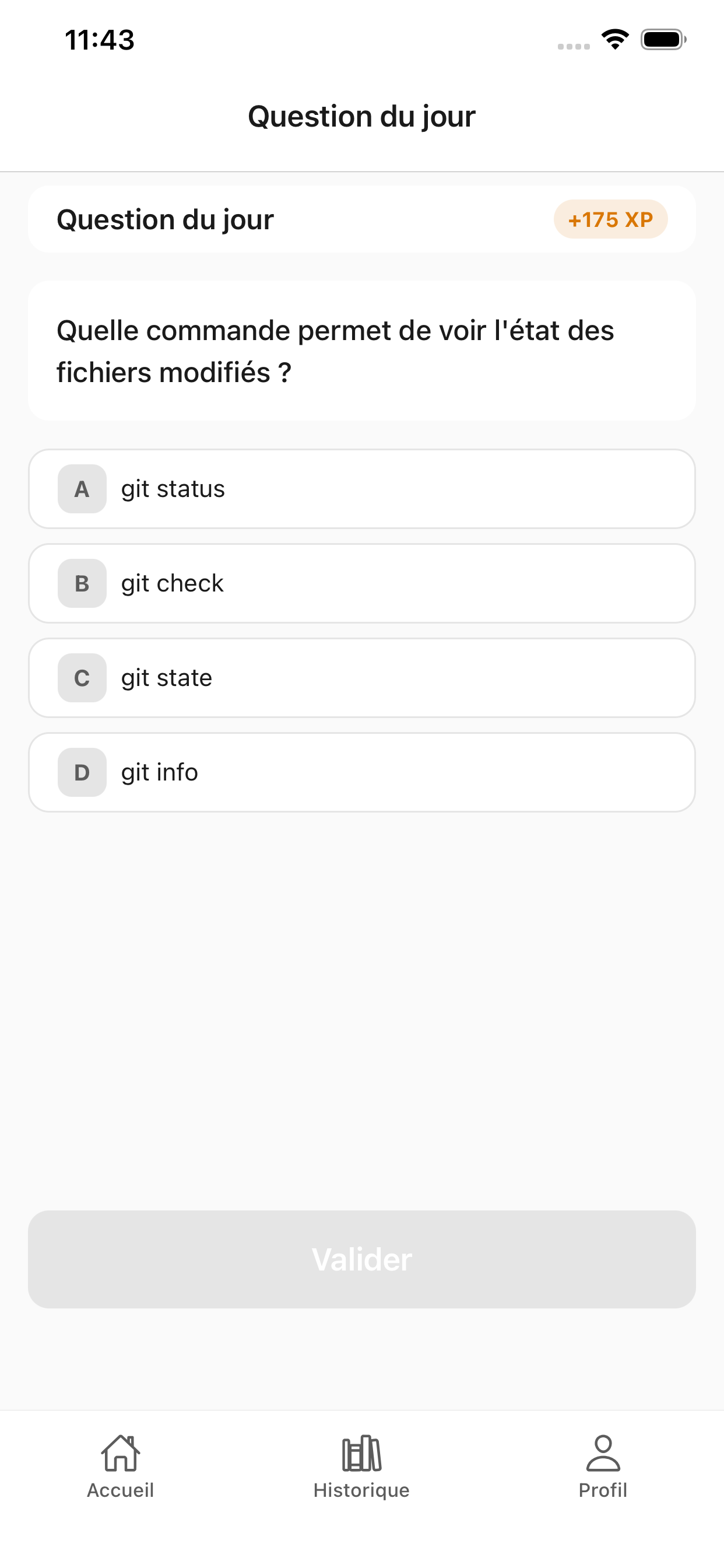 Quiz quotidien Git avec question et choix multiples